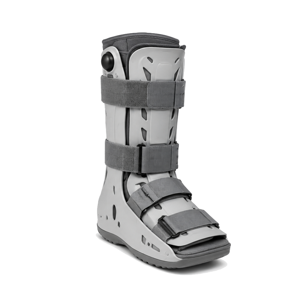 Gray orthopedic walking boot with a rigid ankle brace, padded lining, and adjustable hook-and-loop straps, shown on a white background; clinical and supportive.