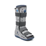 Gray orthopedic walking boot with blue accents, padded lining, rigid ankle supports, and adjustable straps stands on a white background, conveying a clinical, practical feel.