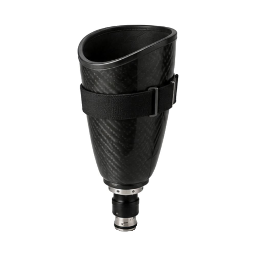 A black carbon-fiber prosthetic leg socket with an adjustable strap and metal connector, isolated on white; its sleek, functional design feels clinical and precise.