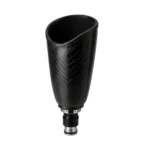 A black carbon-fiber prosthetic limb socket with an open oval top and metal connector at its tapered base, isolated on white; sleek, functional design.