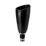 A black carbon-fiber-pattern prosthetic leg socket with a metal connector stands alone against a white background, conveying a clean, clinical product-image tone.