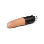 A realistic prosthetic finger with a peach-colored silicone fingertip, molded nail, and black carbon-fiber base lies on a white background, suggesting practical, understated design.