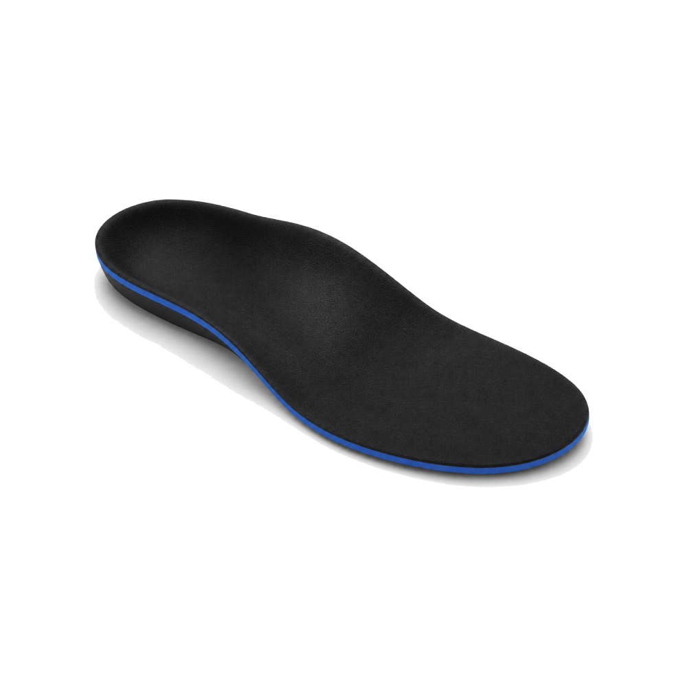 A black contoured shoe insole with bright blue edging, shown alone on a white background; its cushioned shape suggests comfort and support.