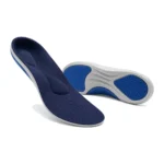 Two navy orthopedic shoe insoles on a white background: one shows its cushioned, perforated top, the other its blue-and-gray treaded underside, suggesting comfort and support.