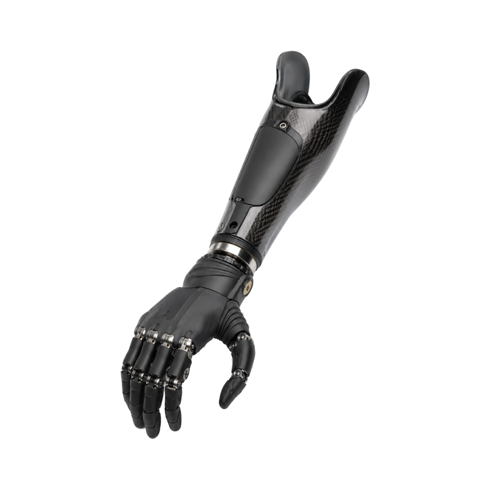 A black carbon-fiber prosthetic arm and articulated robotic hand shown against a white background, evoking precision, innovation, and human resilience.