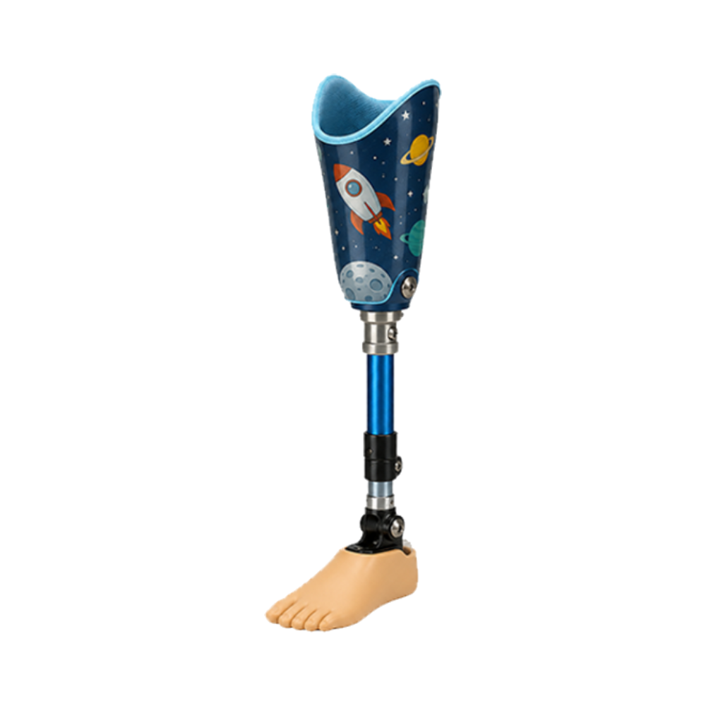 A blue prosthetic leg with a space-themed socket showing a rocket, planets, and stars stands against a white background, conveying a playful, child-friendly tone.