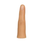 A realistic artificial human finger with a fingernail and skin creases, shown upright against a plain white background.