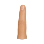 A realistic artificial human finger with a visible fingernail and detailed skin creases, standing upright against a plain white background.
