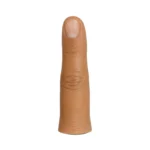 A realistic artificial human finger shown upright with a visible fingernail, joint creases, and detailed skin texture against a plain white background