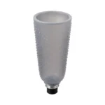A translucent gray prosthetic socket with a textured, dotted surface and metal connector ending in a black fitting, isolated on white; clinical, practical design.
