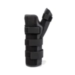 Black wrist and thumb brace with three adjustable straps on the wrist and one on the thumb, shown against a white background.