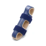 Finger splint with blue padding and two adjustable Velcro straps, designed to immobilize and protect an injured finger.