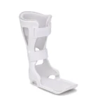 White medical ankle-foot orthosis brace with padded calf support, adjustable straps, and a footplate, shown alone on a white background; clean, clinical appearance.