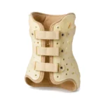 A beige, perforated rigid plastic medical back brace with three adjustable fabric straps and a soft tan interior lining, shown against white.
